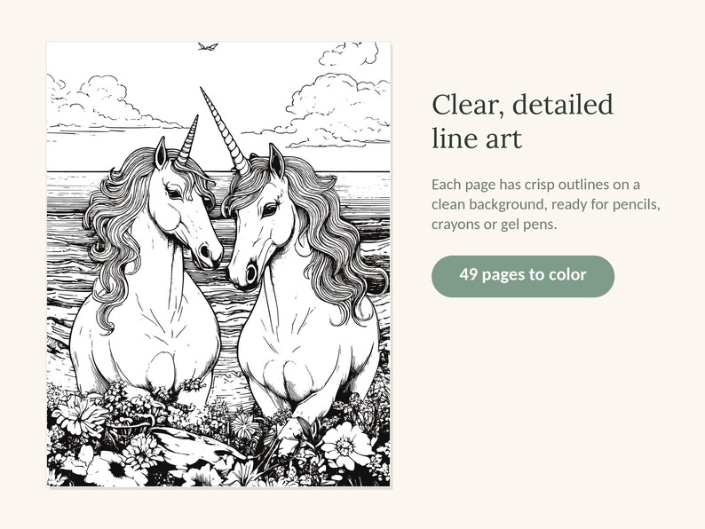 May include: A black and white coloring book page featuring two unicorns standing in a field of flowers with a sea and sky background. The text reads: Clear, detailed line art. Each page has crisp outlines on a clean background, ready for pencils, crayons or gel pens. 49 pages to color.