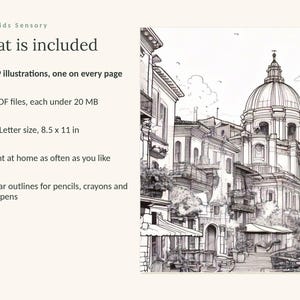 May include: A digital coloring book titled Calm Kids Sensory featuring 109 illustrations. The set includes 5 PDF files in 8.5 x 11 inch US Letter size. The image displays a detailed black and white line drawing of a European town square with a large domed building, balconies, and outdoor seating areas.