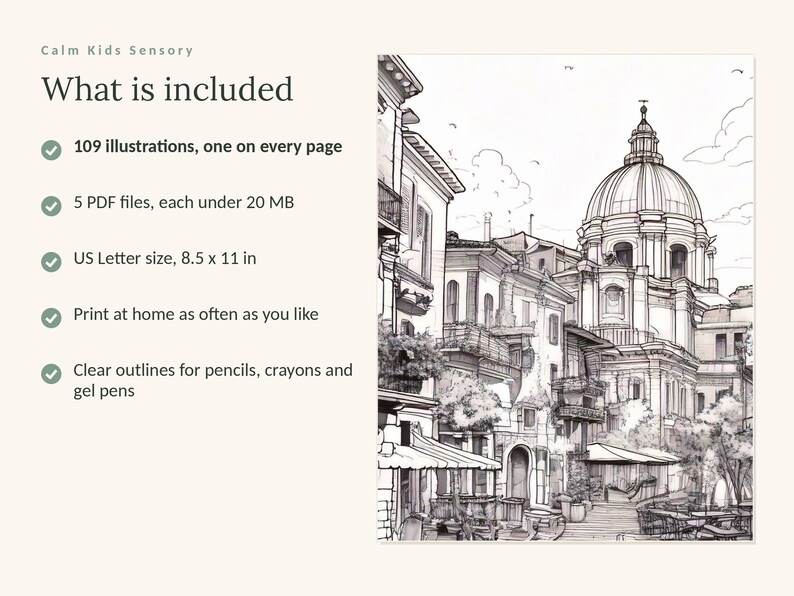 May include: A digital coloring book titled Calm Kids Sensory featuring 109 illustrations. The set includes 5 PDF files in 8.5 x 11 inch US Letter size. The image displays a detailed black and white line drawing of a European town square with a large domed building, balconies, and outdoor seating areas.