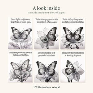 May include: A collection of six black and white illustrations featuring butterflies resting on flowers with inspirational text. The top text reads A look inside, A small sample from the 109 pages, and the bottom text reads 109 illustrations in total.