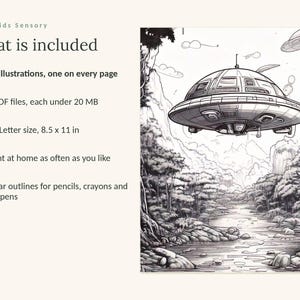 May include: A digital coloring book page featuring a black and white line art illustration of a flying saucer hovering over a jungle river landscape. The text reads Calm Kids Sensory, What is included, 49 illustrations, 3 PDF files, 8.5 x 11 in.