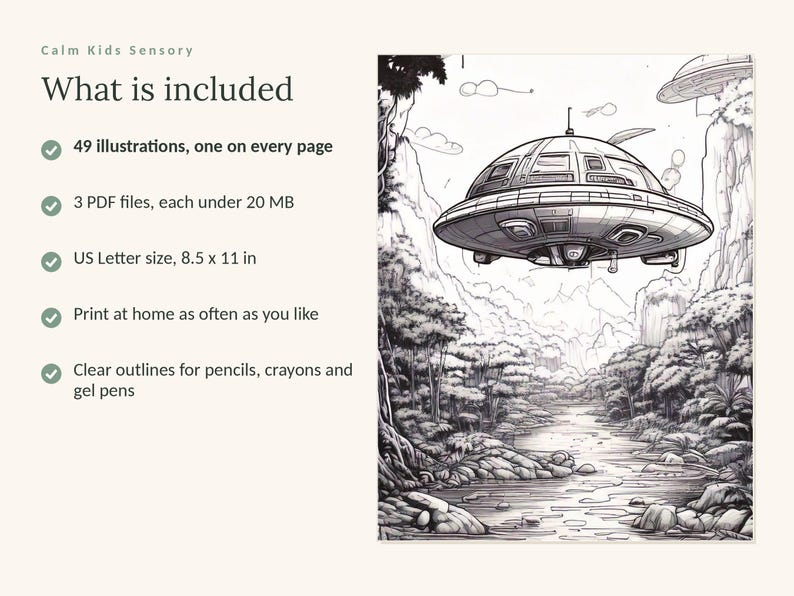 May include: A digital coloring book page featuring a black and white line art illustration of a flying saucer hovering over a jungle river landscape. The text reads Calm Kids Sensory, What is included, 49 illustrations, 3 PDF files, 8.5 x 11 in.
