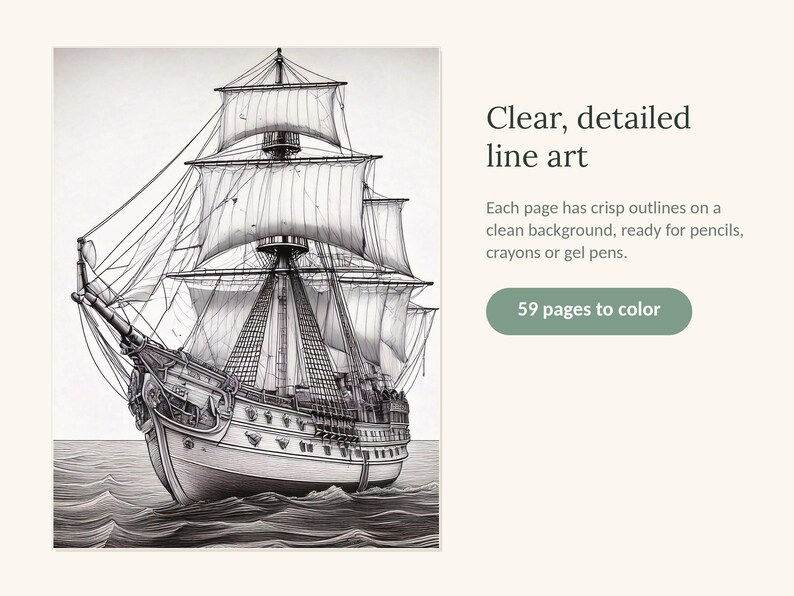 K&ouml;nnte beinhalten: Ein Malbuch mit einer detaillierten schwarz-wei&szlig;en Strichzeichnung eines gro&szlig;en Segelschiffs auf dem Ozean. Der Text lautet: Clear, detailed line art. Each page has crisp outlines on a clean background, ready for pencils, crayons or gel pens. 59 pages to color.