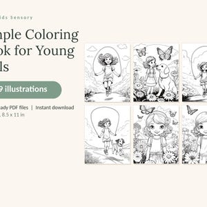 May include: A digital coloring book titled Calm Kids Sensory Simple Coloring Book for Young Girls with 39 illustrations. The set includes 3 print-ready PDF files in US Letter 8.5 x 11 inch format, featuring black and white line art of children.