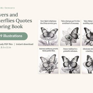 May include: A digital coloring book titled Flowers and Butterflies Quotes Coloring Book with 109 illustrations. It includes 5 print-ready PDF files in US Letter 8.5 x 11 in size, featuring black and white butterfly and flower drawings with quotes.