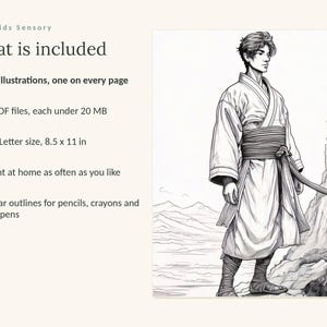 May include: A digital coloring page featuring a black and white line illustration of a person in traditional robes standing on a rocky cliff. Text includes: Calm Kids Sensory, What is included, 89 illustrations, 4 PDF files, 8.5 x 11 in.