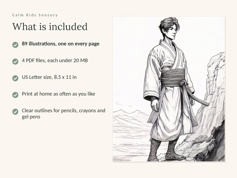 May include: A digital coloring page featuring a black and white line illustration of a person in traditional robes standing on a rocky cliff. Text includes: Calm Kids Sensory, What is included, 89 illustrations, 4 PDF files, 8.5 x 11 in.
