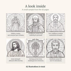 Puede incluir: Una muestra de p&aacute;gina de libro para colorear con seis ilustraciones de l&iacute;nea en blanco y negro de figuras y un escudo, cada una con una cita motivadora. El texto incluye A look inside, A small sample from the 62 pages y 62 illustrations in total.