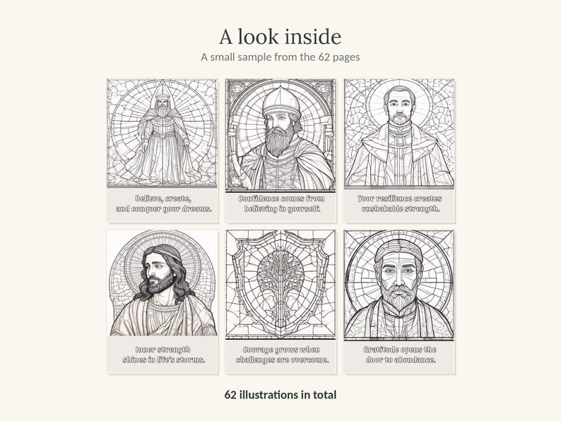 Puede incluir: Una muestra de p&aacute;gina de libro para colorear con seis ilustraciones de l&iacute;nea en blanco y negro de figuras y un escudo, cada una con una cita motivadora. El texto incluye A look inside, A small sample from the 62 pages y 62 illustrations in total.