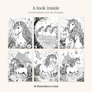May include: A coloring book sample page featuring six black and white line art illustrations of unicorns in various settings, including forests and near houses. The text reads A look inside, A small sample from the 49 pages, and 49 illustrations in total.