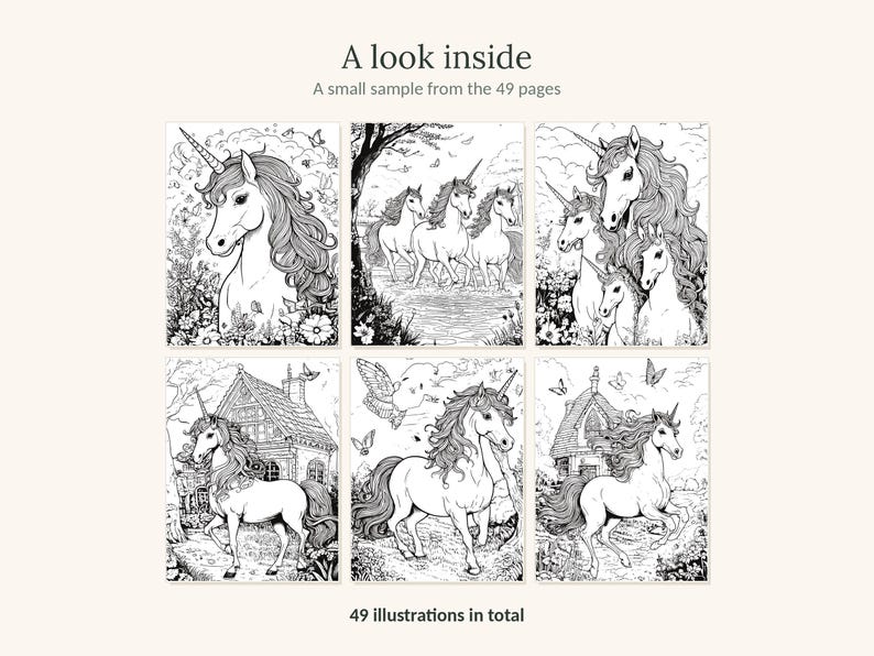 May include: A coloring book sample page featuring six black and white line art illustrations of unicorns in various settings, including forests and near houses. The text reads A look inside, A small sample from the 49 pages, and 49 illustrations in total.