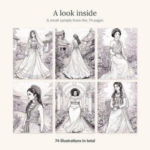May include: A coloring book page sample featuring six black and white line art illustrations of individuals in various formal attire. The text reads A look inside, A small sample from the 74 pages, and 74 illustrations in total.
