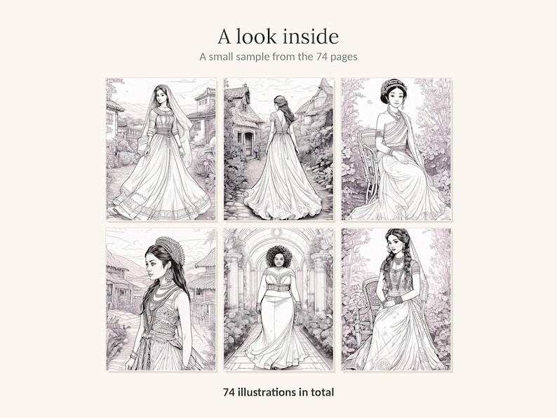 May include: A coloring book page sample featuring six black and white line art illustrations of individuals in various formal attire. The text reads A look inside, A small sample from the 74 pages, and 74 illustrations in total.
