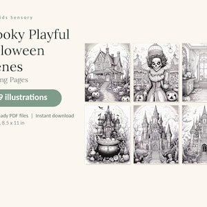 May include: A digital collection of 49 black and white Halloween coloring pages titled Spooky Playful Halloween Scenes. The set includes illustrations of a haunted house, a costumed figure, a room, a cauldron, and two castles, sized at 8.5 x 11 inches.