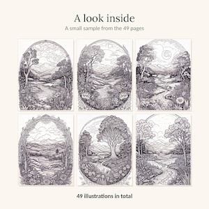 Puede incluir: Una colecci&oacute;n de seis ilustraciones de arte lineal en blanco y negro con paisajes de &aacute;rboles, monta&ntilde;as y r&iacute;os, enmarcadas en bordes ovalados. El texto dice A look inside, A small sample from the 49 pages y 49 illustrations in total.