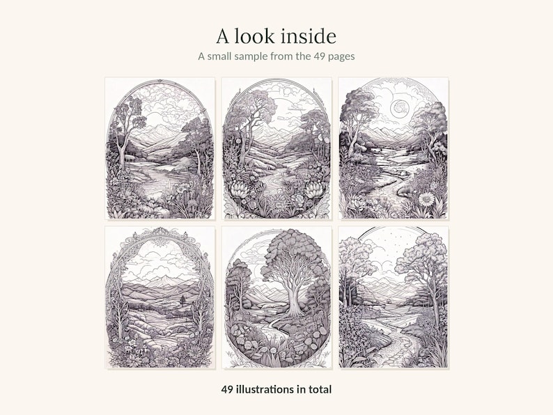 Puede incluir: Una colecci&oacute;n de seis ilustraciones de arte lineal en blanco y negro con paisajes de &aacute;rboles, monta&ntilde;as y r&iacute;os, enmarcadas en bordes ovalados. El texto dice A look inside, A small sample from the 49 pages y 49 illustrations in total.