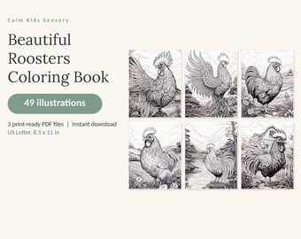 May include: A digital coloring book titled Calm Kids Sensory Beautiful Roosters Coloring Book with 49 illustrations. The product includes 3 print-ready PDF files in US Letter 8.5 x 11 in size, featuring six black and white rooster drawings.