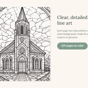 May include: A coloring book page featuring a black and white line art illustration of a church with a tall steeple, surrounded by a stone-like pattern. Text reads: Clear, detailed line art. Each page has crisp outlines. 129 pages to color.