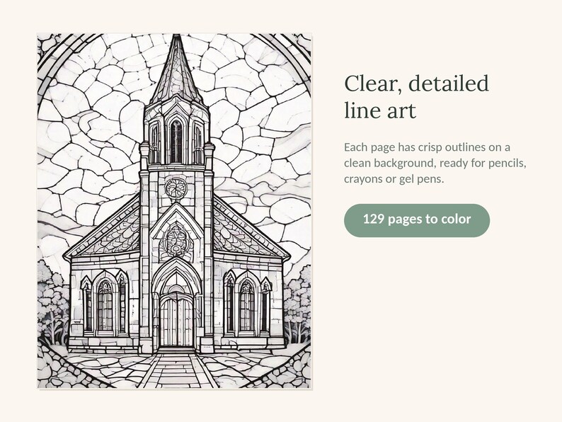 May include: A coloring book page featuring a black and white line art illustration of a church with a tall steeple, surrounded by a stone-like pattern. Text reads: Clear, detailed line art. Each page has crisp outlines. 129 pages to color.