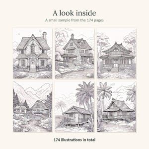 May include: A collection of six black and white line art illustrations featuring various house styles, including cottages and tropical dwellings. The text reads A look inside, A small sample from the 174 pages, and 174 illustrations in total.