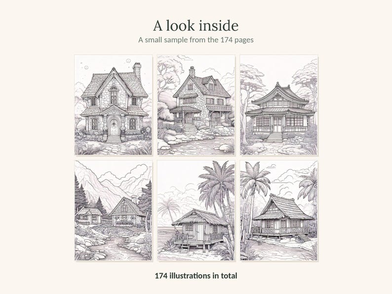 May include: A collection of six black and white line art illustrations featuring various house styles, including cottages and tropical dwellings. The text reads A look inside, A small sample from the 174 pages, and 174 illustrations in total.