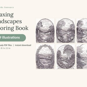 Puede incluir: Un libro de colorear digital titulado Calm Kids Sensory Relaxing Landscapes Coloring Book con 49 ilustraciones. El producto incluye 4 archivos PDF listos para imprimir en tama&ntilde;o US Letter, 21,59 x 27,94 cm, con seis dibujos de paisajes en blanco y negro.