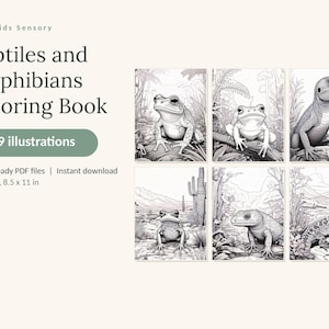 K&ouml;nnte beinhalten: Ein digitales Malbuch mit dem Titel Calm Kids Sensory Reptiles and Amphibians Coloring Book mit 49 Illustrationen. Das Cover zeigt sechs schwarz-wei&szlig;e Strichzeichnungen von verschiedenen Fr&ouml;schen und Eidechsen in ihren nat&uuml;rlichen Lebensr&auml;umen.