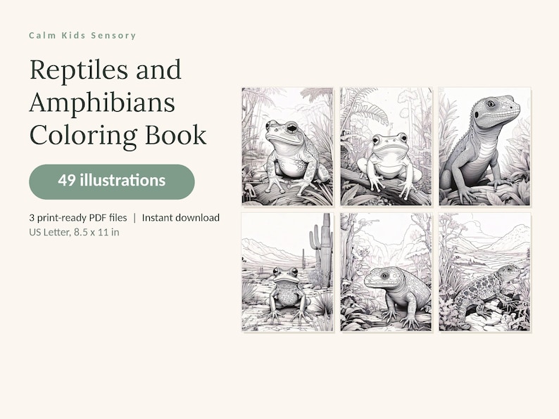K&ouml;nnte beinhalten: Ein digitales Malbuch mit dem Titel Calm Kids Sensory Reptiles and Amphibians Coloring Book mit 49 Illustrationen. Das Cover zeigt sechs schwarz-wei&szlig;e Strichzeichnungen von verschiedenen Fr&ouml;schen und Eidechsen in ihren nat&uuml;rlichen Lebensr&auml;umen.