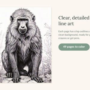 May include: A coloring book featuring a black and white line art illustration of a baboon sitting in a natural environment. The text reads: Clear, detailed line art. Each page has crisp outlines on a clean background, ready for pencils, crayons or gel pens. 49 pages to color.