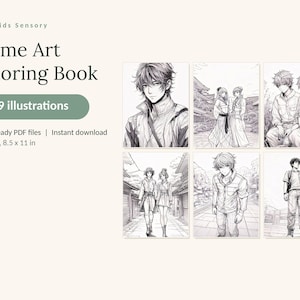 May include: An anime art coloring book featuring 89 illustrations across 4 print-ready PDF files. The text reads Calm Kids Sensory, Anime Art Coloring Book, 89 illustrations, 4 print-ready PDF files, Instant download, and US Letter, 8.5 x 11 in.