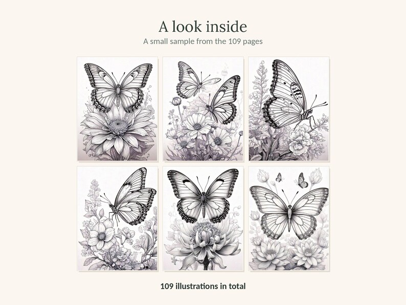 May include: A collection of six black and white line art illustrations featuring butterflies and flowers. The text at the top reads A look inside A small sample from the 109 pages and the text at the bottom reads 109 illustrations in total.
