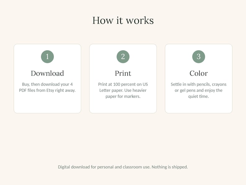 May include: A three-step instructional graphic titled How it works. Step 1: Download, buy and download 4 PDF files. Step 2: Print at 100 percent on US Letter paper. Step 3: Color with pencils, crayons, or gel pens. Includes text: Digital download for personal and classroom use. Nothing is shipped.