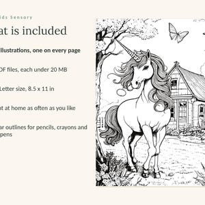 May include: A digital coloring book page featuring a unicorn standing in front of a house with trees and butterflies. Text includes: Calm Kids Sensory, What is included, 49 illustrations, one on every page, 3 PDF files, each under 20 MB, US Letter size, 8.5 x 11 in.