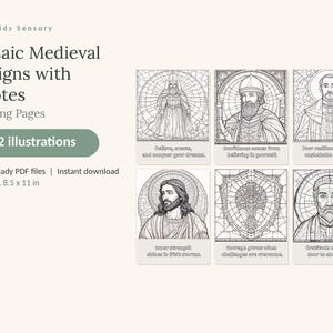 Puede incluir: Un conjunto de 62 p&aacute;ginas para colorear titulado Mosaic Medieval Designs with Quotes. El producto digital incluye 3 archivos PDF listos para imprimir en formato US Letter de 21,59 x 27,94 cm, con dibujos lineales en blanco y negro de figuras medievales.