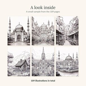 May include: A collection of six black and white line art illustrations displayed in a grid. The text reads A look inside, A small sample from the 109 pages, and 109 illustrations in total. The drawings feature mosques, city streets, and a cottage.