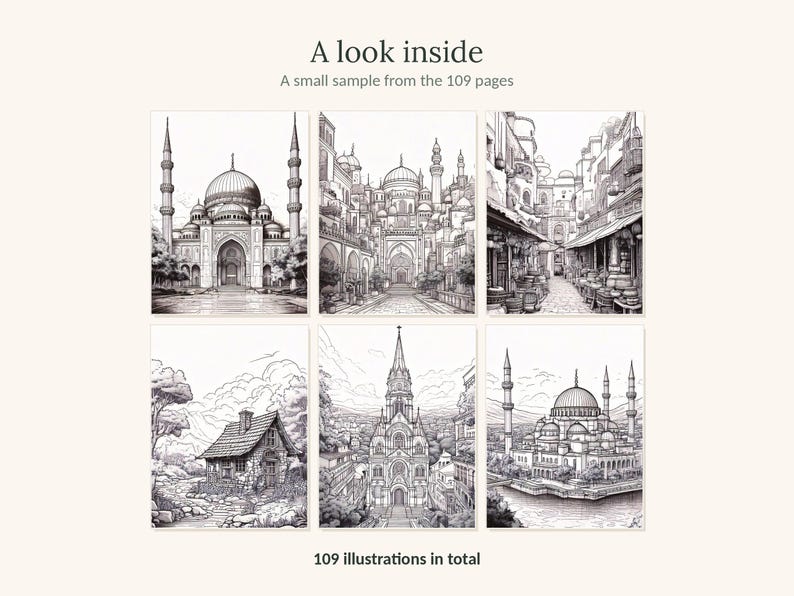 May include: A collection of six black and white line art illustrations displayed in a grid. The text reads A look inside, A small sample from the 109 pages, and 109 illustrations in total. The drawings feature mosques, city streets, and a cottage.