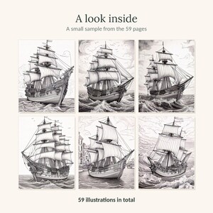 K&ouml;nnte beinhalten: Eine Sammlung von sechs schwarz-wei&szlig;en Strichzeichnungen von Segelschiffen auf dem Wasser, pr&auml;sentiert als Beispiel aus einem 59-seitigen Buch. Der Text oben lautet A look inside A small sample from the 59 pages und unten 59 illustrations in total.