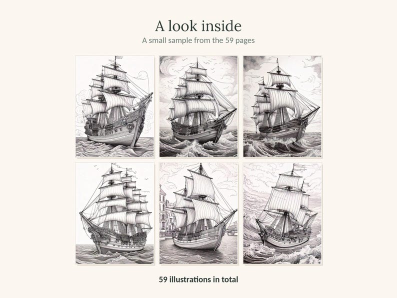 K&ouml;nnte beinhalten: Eine Sammlung von sechs schwarz-wei&szlig;en Strichzeichnungen von Segelschiffen auf dem Wasser, pr&auml;sentiert als Beispiel aus einem 59-seitigen Buch. Der Text oben lautet A look inside A small sample from the 59 pages und unten 59 illustrations in total.