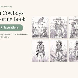 Puede incluir: Un libro de colorear digital titulado Fun Cowboys Coloring Book con 109 ilustraciones. La portada muestra seis dibujos de l&iacute;neas en blanco y negro de personas con sombreros de vaquero y ropa del oeste, incluyendo una con un caballo.