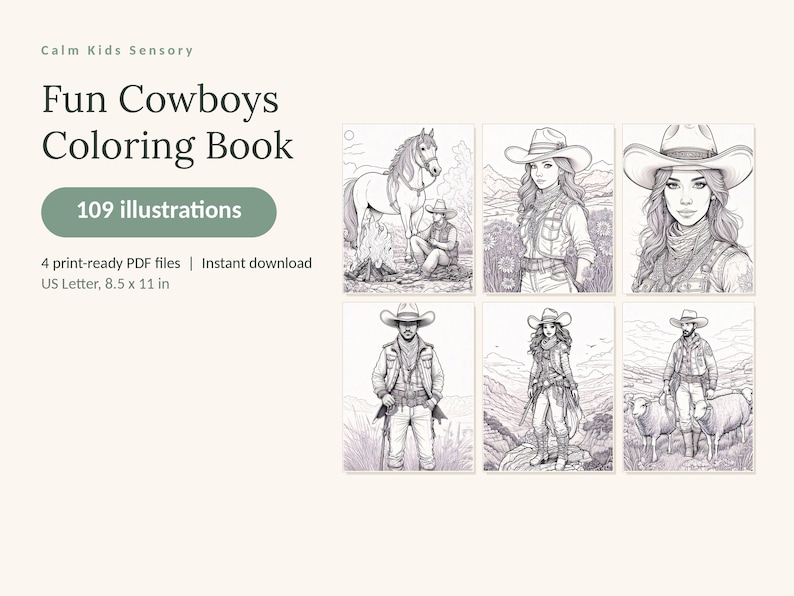 Puede incluir: Un libro de colorear digital titulado Fun Cowboys Coloring Book con 109 ilustraciones. La portada muestra seis dibujos de l&iacute;neas en blanco y negro de personas con sombreros de vaquero y ropa del oeste, incluyendo una con un caballo.