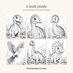 May include: A coloring book page sample featuring six black and white line art illustrations of various dinosaurs and prehistoric creatures in natural settings. The text reads A look inside, A small sample from the 48 pages, 48 illustrations in total.