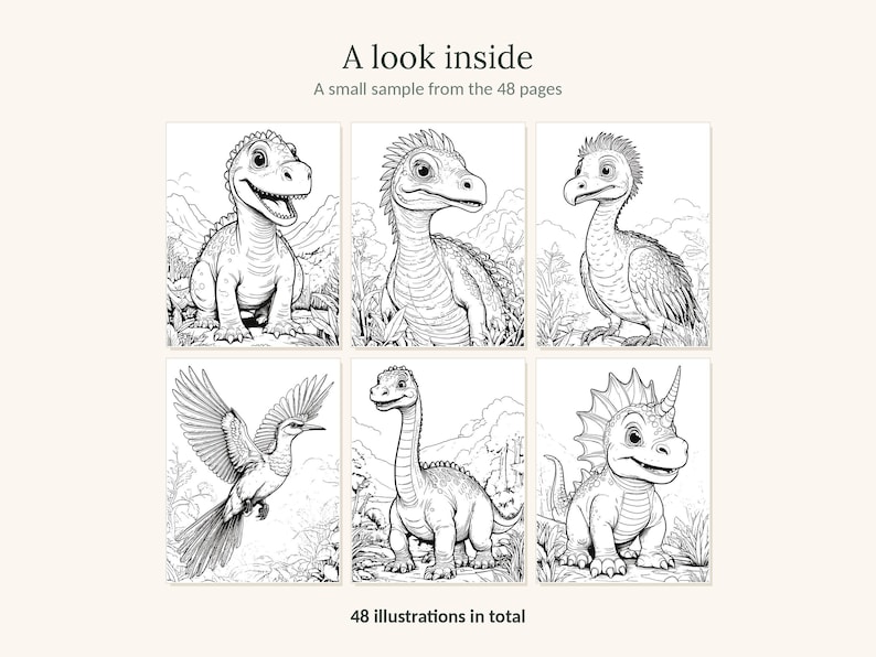 May include: A coloring book page sample featuring six black and white line art illustrations of various dinosaurs and prehistoric creatures in natural settings. The text reads A look inside, A small sample from the 48 pages, 48 illustrations in total.