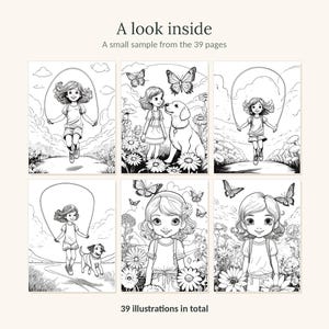 May include: A coloring book sample featuring 39 pages of black and white line art illustrations. The images depict a child jumping rope, interacting with a dog, and standing in flower fields with butterflies. Text reads: A look inside, A small sample from the 39 pages, 39 illustrations in total.