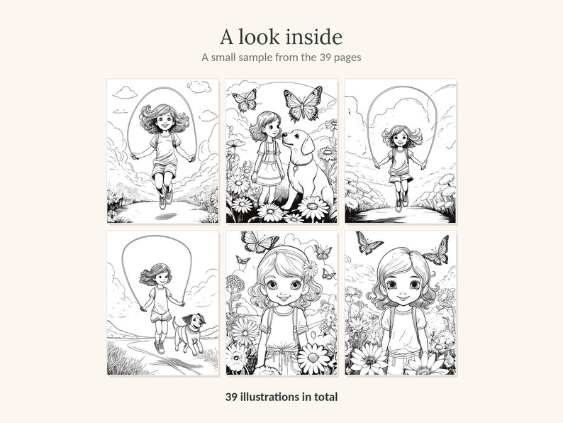 May include: A coloring book sample featuring 39 pages of black and white line art illustrations. The images depict a child jumping rope, interacting with a dog, and standing in flower fields with butterflies. Text reads: A look inside, A small sample from the 39 pages, 39 illustrations in total.