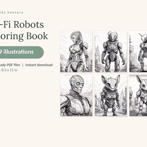 May include: A digital coloring book titled Sci-Fi Robots Coloring Book with 49 illustrations. The cover displays six black and white line art drawings of various robotic figures in urban settings. It includes 3 print-ready PDF files at 8.5 x 11 in.