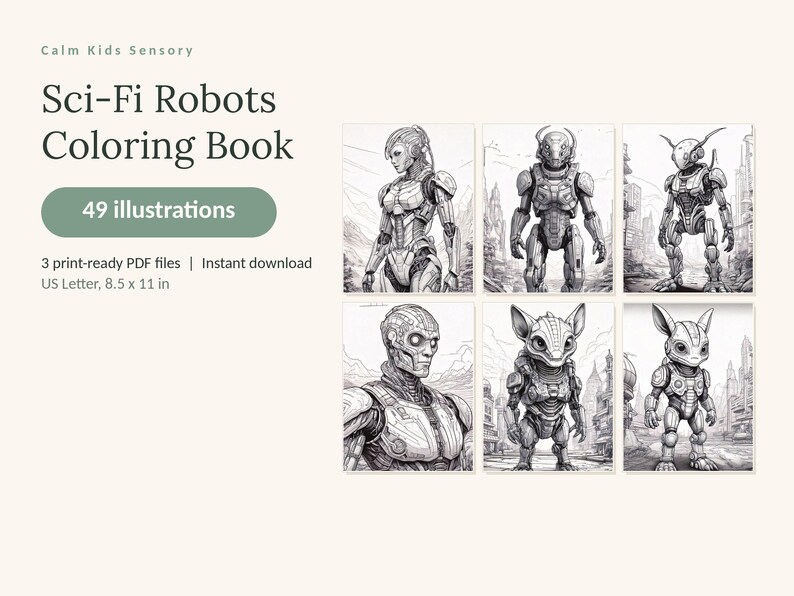 May include: A digital coloring book titled Sci-Fi Robots Coloring Book with 49 illustrations. The cover displays six black and white line art drawings of various robotic figures in urban settings. It includes 3 print-ready PDF files at 8.5 x 11 in.