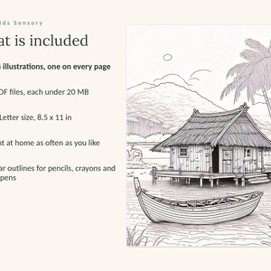May include: A digital coloring book set titled Calm Kids Sensory featuring 174 illustrations. The text lists 5 PDF files, US Letter size 8.5 x 11 in, and clear outlines. The image shows a black and white line drawing of a stilt house and a boat.