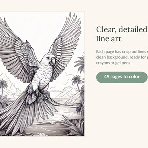 Puede incluir: Una p&aacute;gina de libro para colorear en blanco y negro que muestra un loro en vuelo con las alas extendidas sobre una escena de playa tropical con palmeras. El texto dice: Clear, detailed line art. Each page has crisp outlines on a clean background, ready for pencils, crayons or gel pens. 49 pages to color.