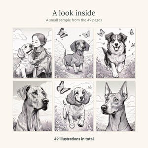 May include: A coloring book page collection featuring six black and white illustrations of dogs and a child. The text reads A look inside, A small sample from the 49 pages, and 49 illustrations in total. The drawings depict various dog breeds.