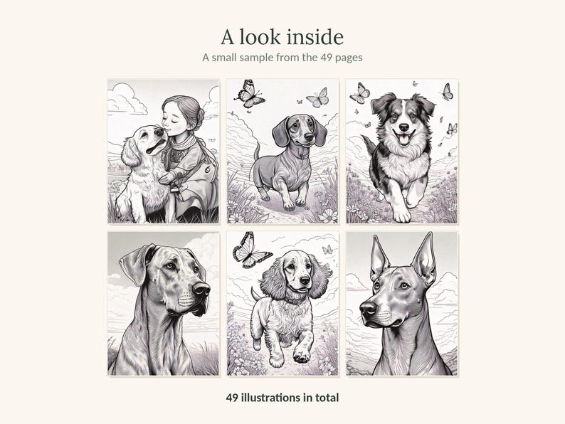 May include: A coloring book page collection featuring six black and white illustrations of dogs and a child. The text reads A look inside, A small sample from the 49 pages, and 49 illustrations in total. The drawings depict various dog breeds.
